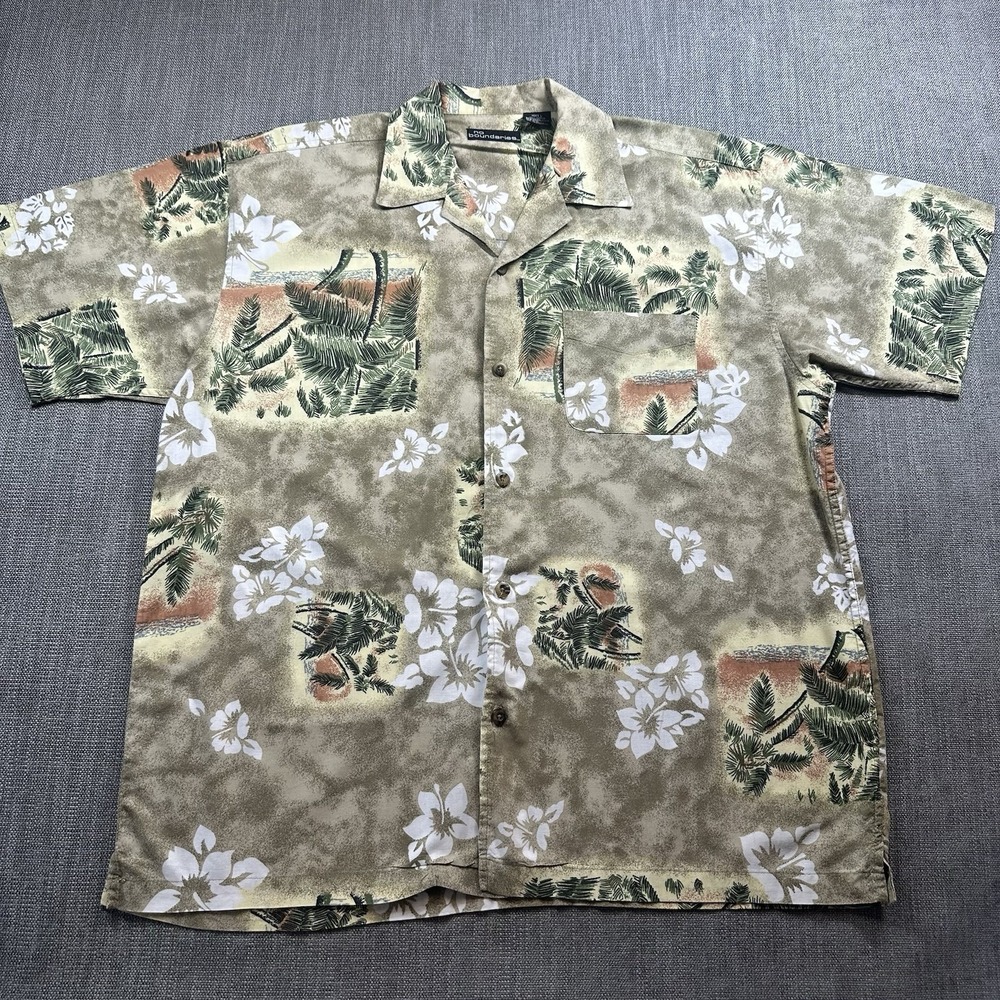 No Boundaries Hawaiian Shirt Mens L Large Short Sleeve Pocket Brown Up Down